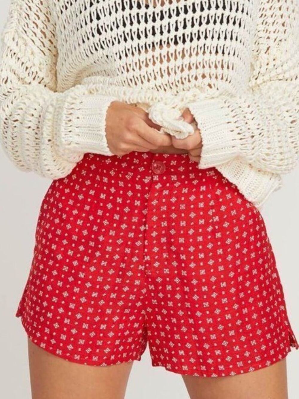 Volcom Salt and Sun Linen Blend Shorts High Rise Red White Size Small